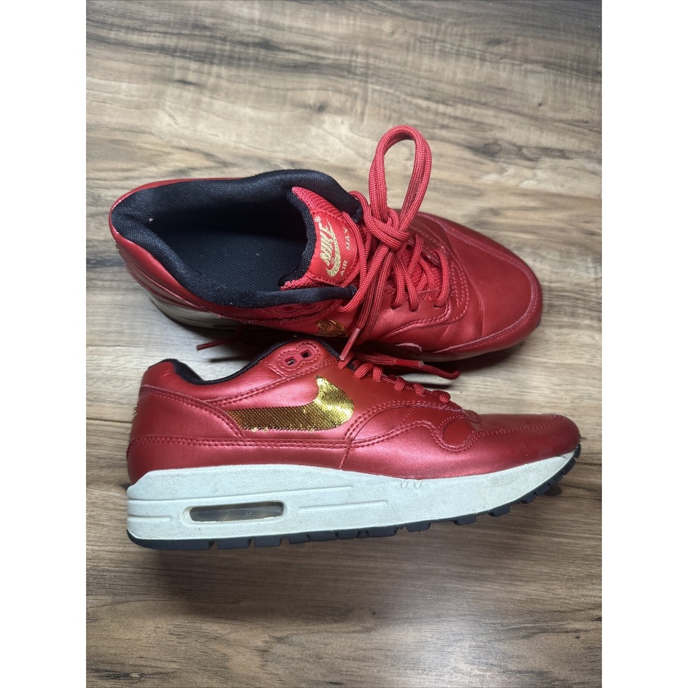Nike Women's Air Max 1 Sneakers‎ - 6.5 Red Gold Sequin CT1149-600 White Shoes
